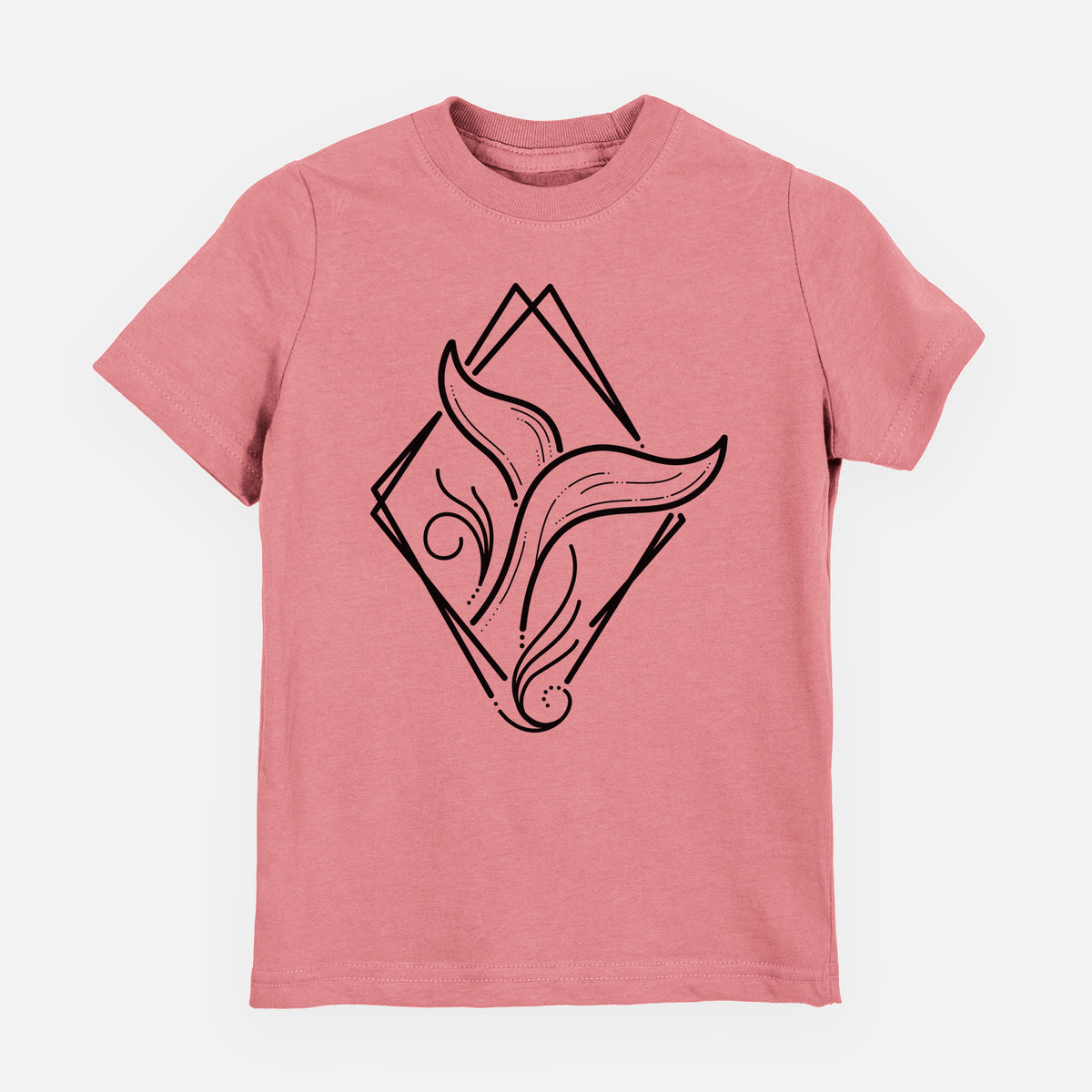 Mauve pink youth t-shirt laid flat, printed with a black line art whale tail rising from a wave inside a diamond outline.