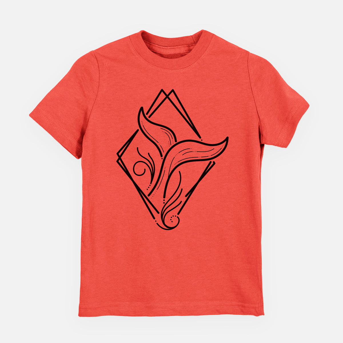 Passionfruit pink youth t-shirt laid flat, printed with a black line art whale tail rising from a wave inside a diamond outline.