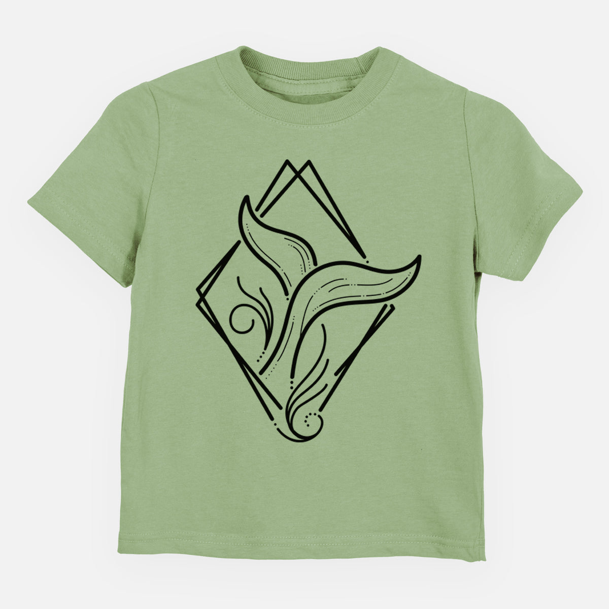 Sage green toddler t-shirt laid flat, printed with a black line art whale tail rising from a wave inside a diamond outline.
