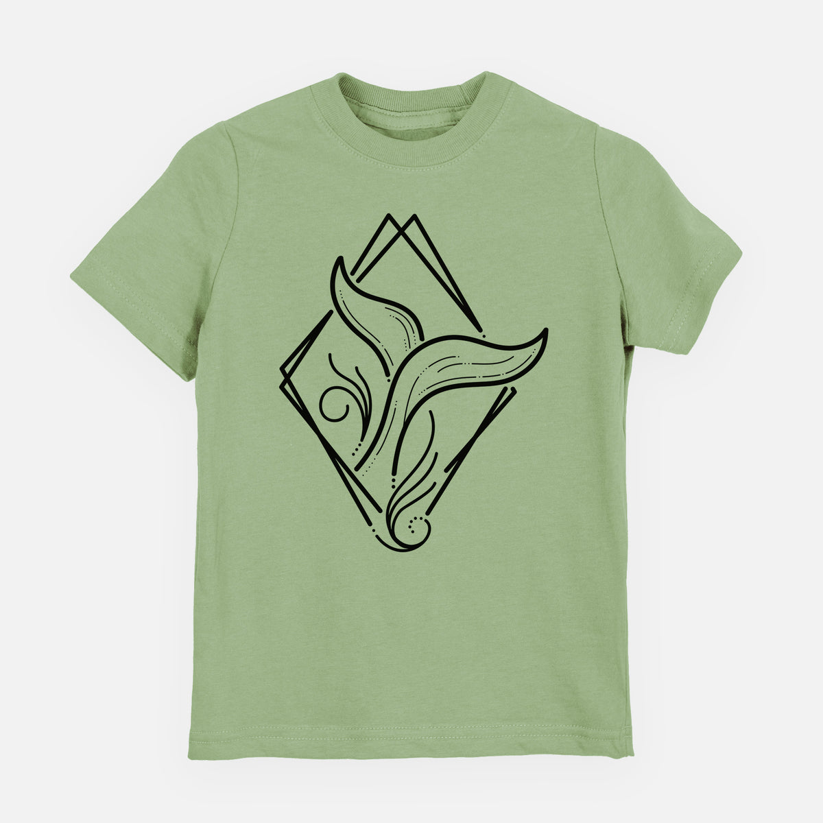 Sage green youth t-shirt laid flat, printed with a black line art whale tail rising from a wave inside a diamond outline.