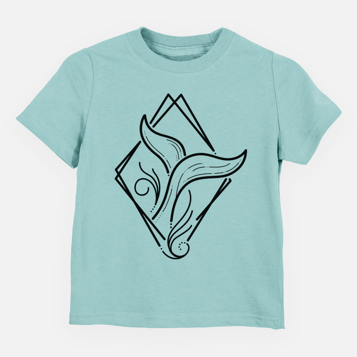 Saltwater toddler t-shirt laid flat, printed with a black line art whale tail rising from a wave inside a diamond outline.