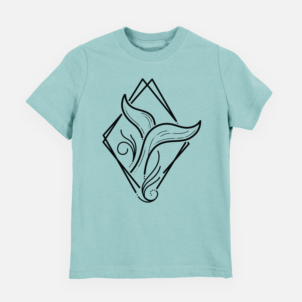 Saltwater youth t-shirt laid flat, printed with a black line art whale tail rising from a wave inside a diamond outline.