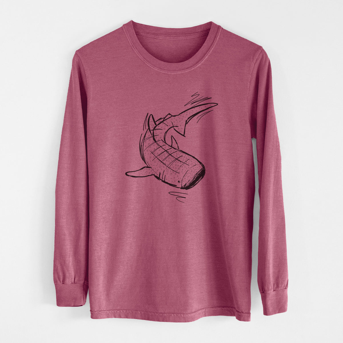 Crimson Comfort Colors long sleeve shirt laid flat, printed with a black ink illustration of a spotted whale shark swimming.