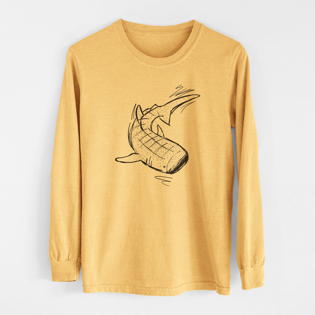 Golden wheat yellow Comfort Colors long sleeve shirt laid flat, printed with a black ink illustration of a spotted whale shark swimming.
