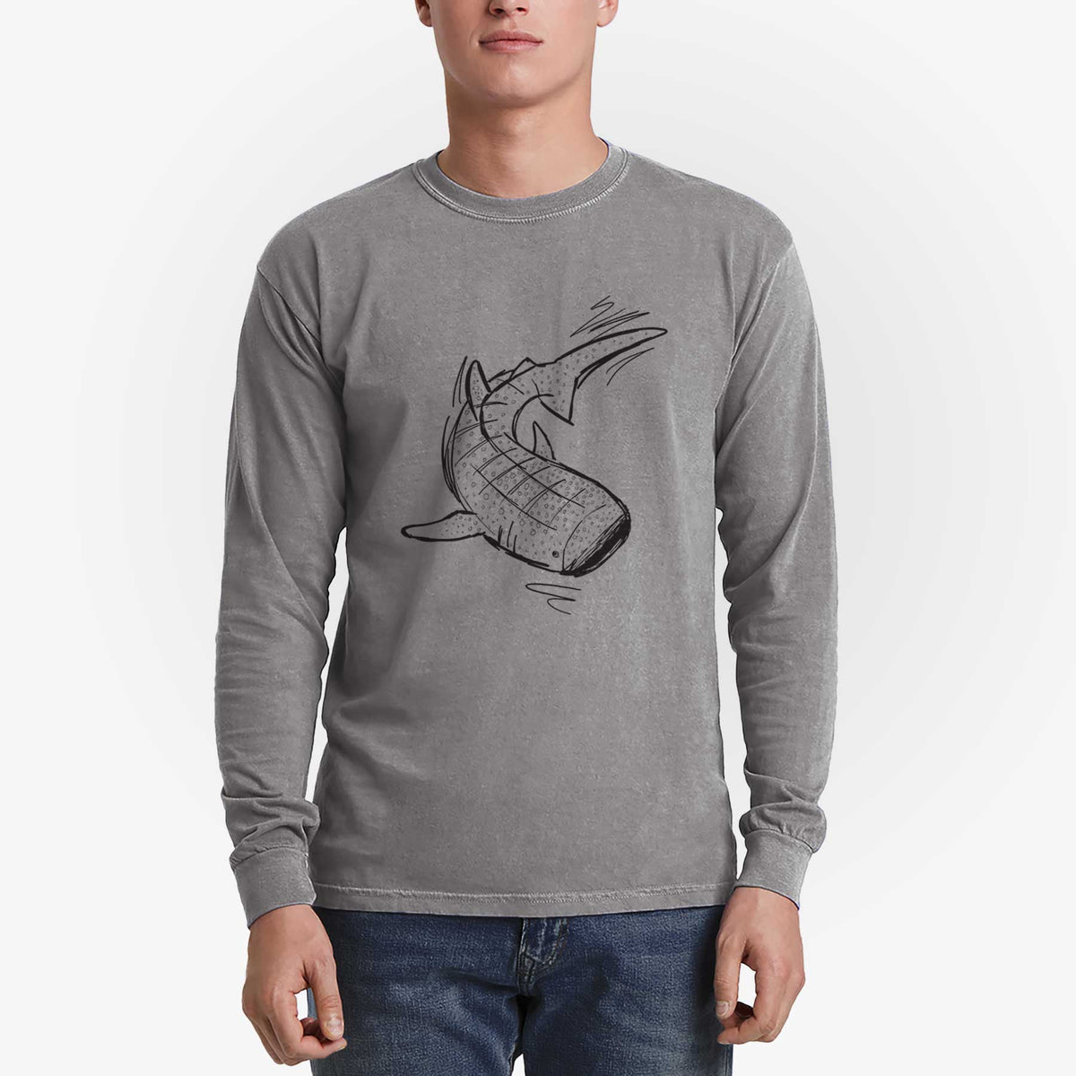 Man wearing a grey Comfort Colors long sleeve shirt printed with a black ink illustration of a spotted whale shark swimming.