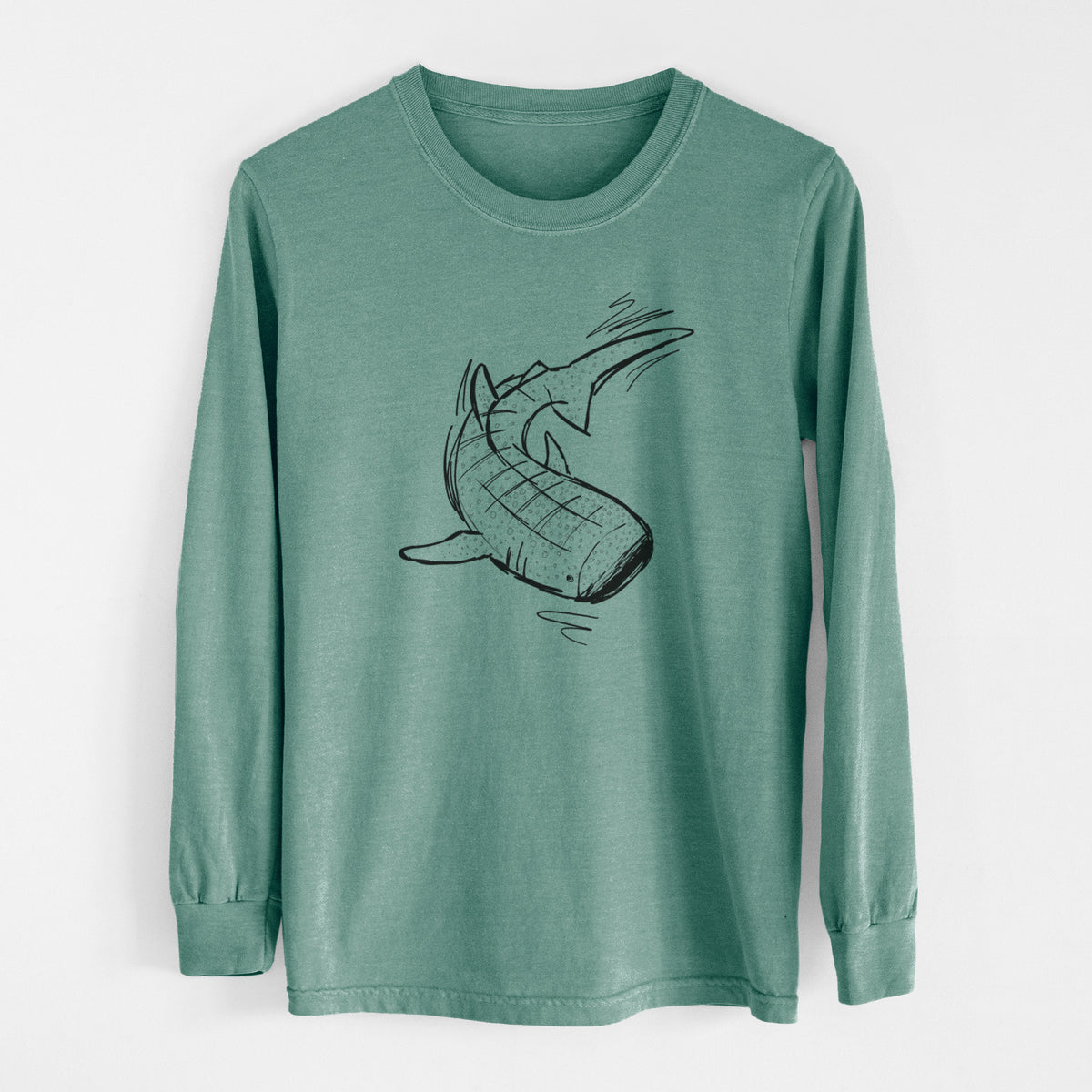 Pine green Comfort Colors long sleeve shirt laid flat, printed with a black ink illustration of a spotted whale shark swimming.