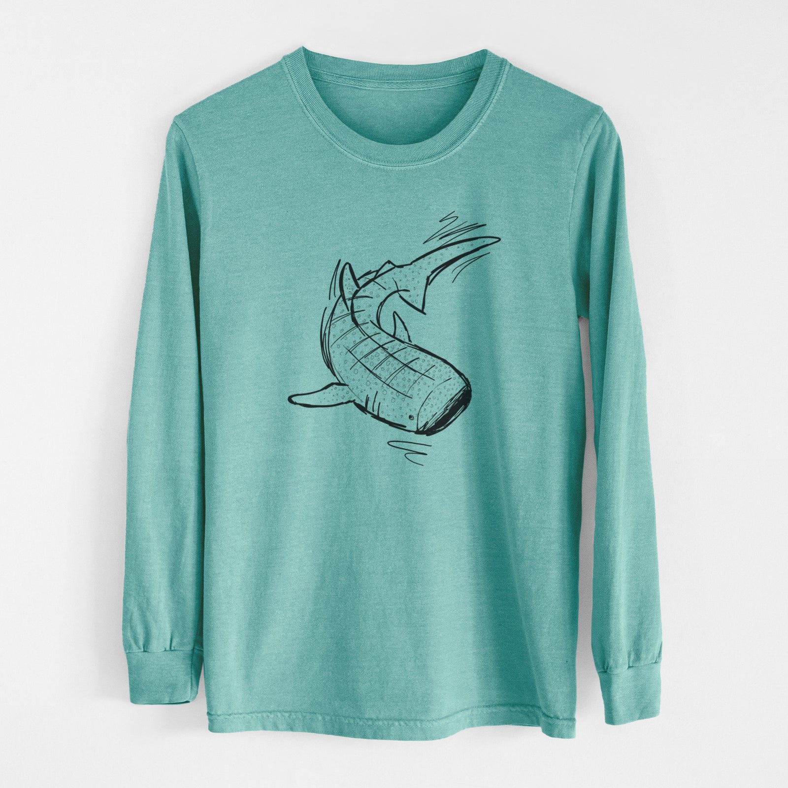 Reef green Comfort Colors long sleeve shirt laid flat, printed with a black ink illustration of a spotted whale shark swimming.