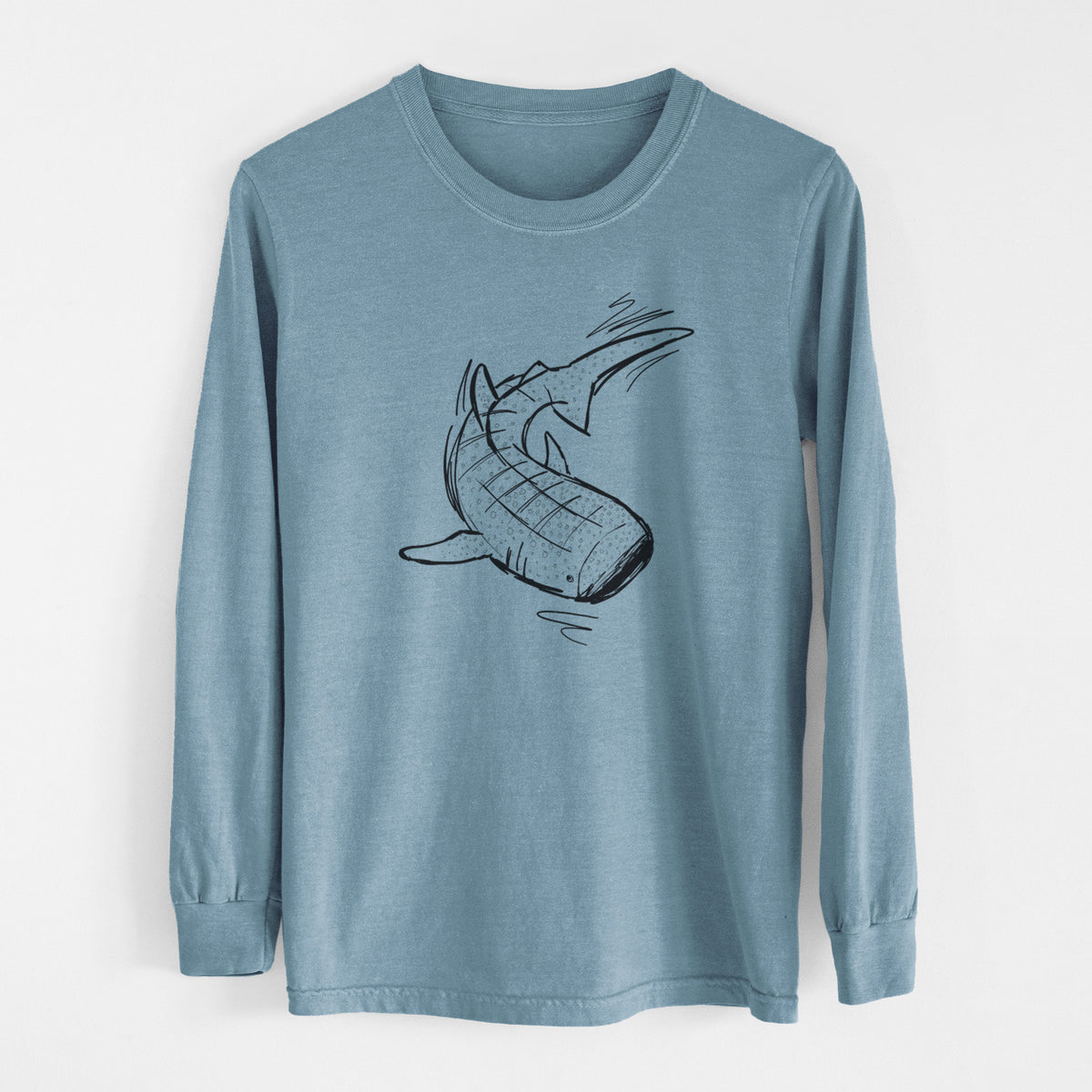 Steel blue Comfort Colors long sleeve shirt laid flat, printed with a black ink illustration of a spotted whale shark swimming.
