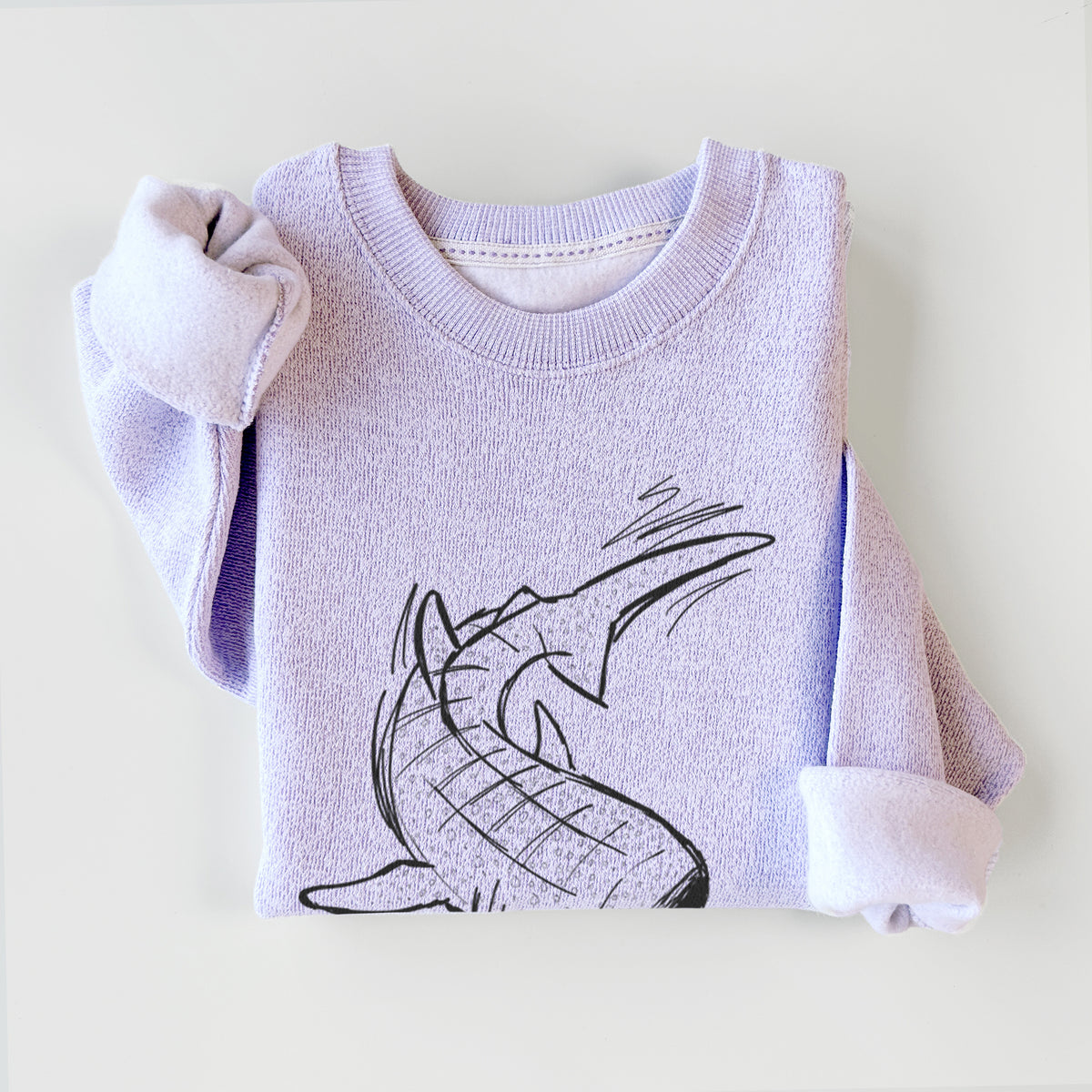 Ice purple knit sweatshirt printed with a black ink illustration of a spotted whale shark swimming, styled flat.