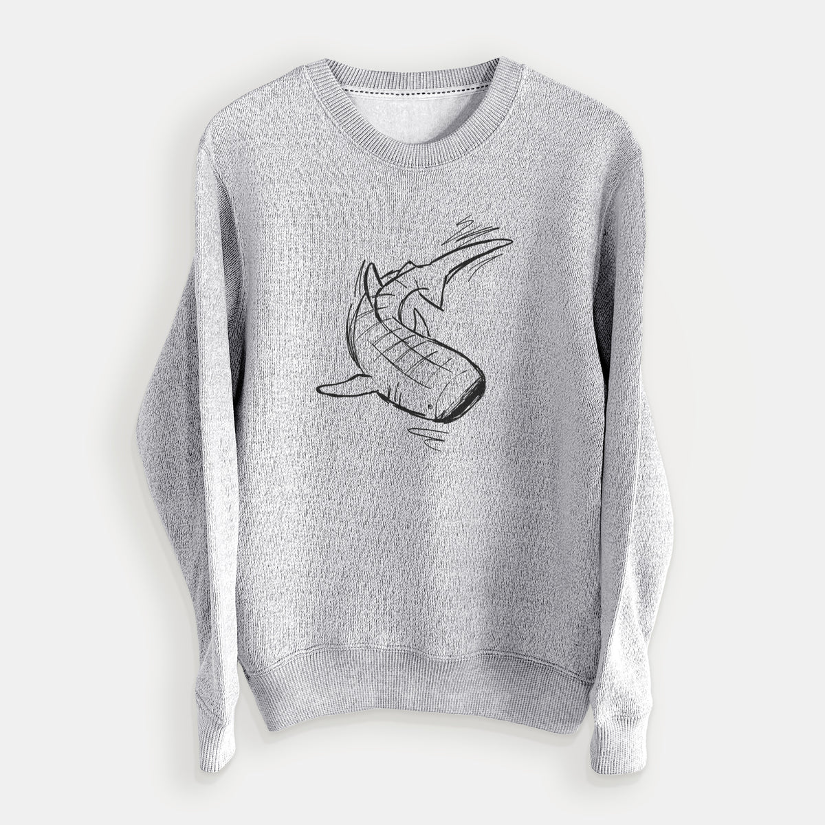 Salt and pepper knit sweatshirt laid flat, printed with a black ink illustration of a spotted whale shark swimming.