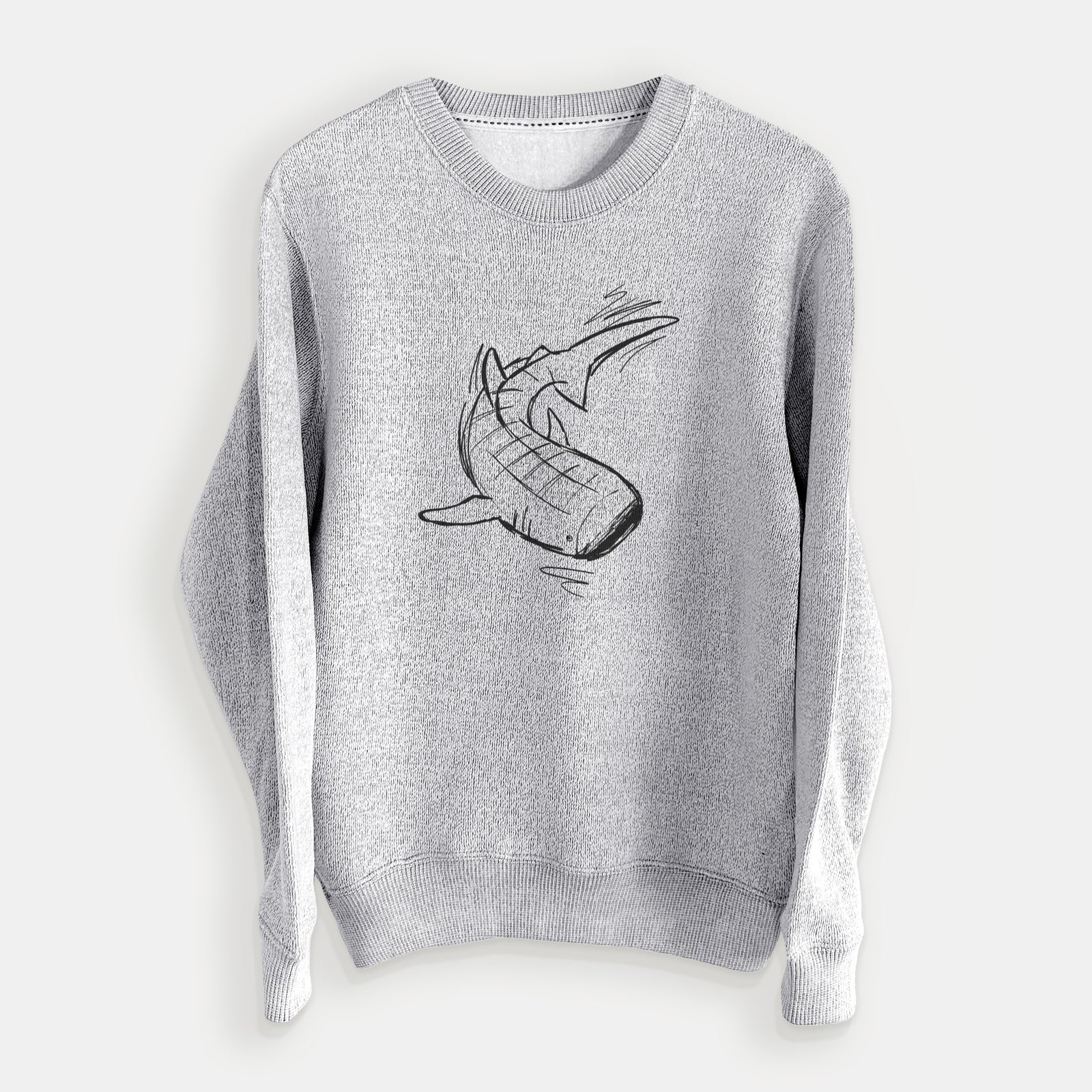 Salt and pepper knit sweatshirt laid flat, printed with a black ink illustration of a spotted whale shark swimming.