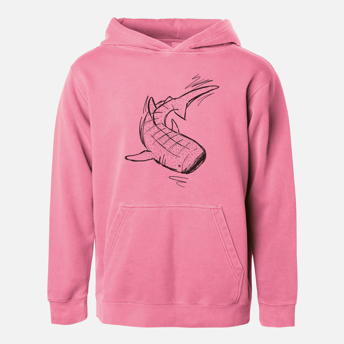 Pigment pink youth pigment dyed hoodie laid flat, printed with a black ink illustration of a spotted whale shark swimming.