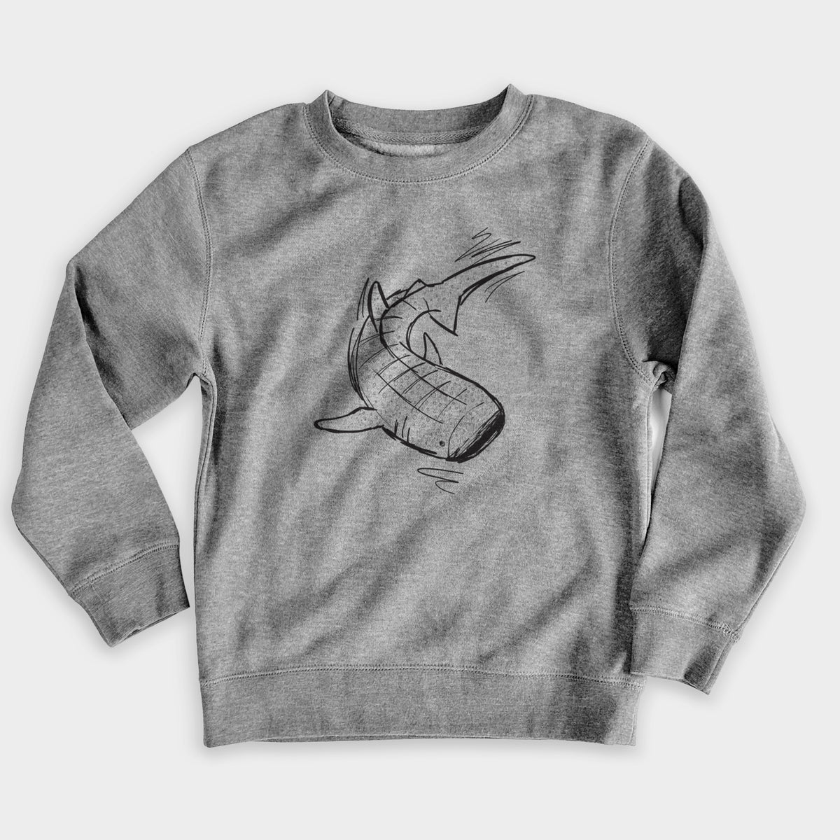 Nickel grey youth crewneck sweatshirt laid flat, printed with a black ink illustration of a spotted whale shark swimming.