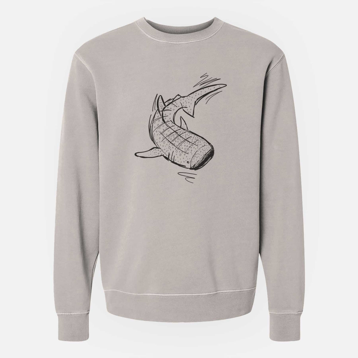 Cement grey pigment dyed crewneck sweatshirt laid flat, printed with a black ink illustration of a spotted whale shark swimming.