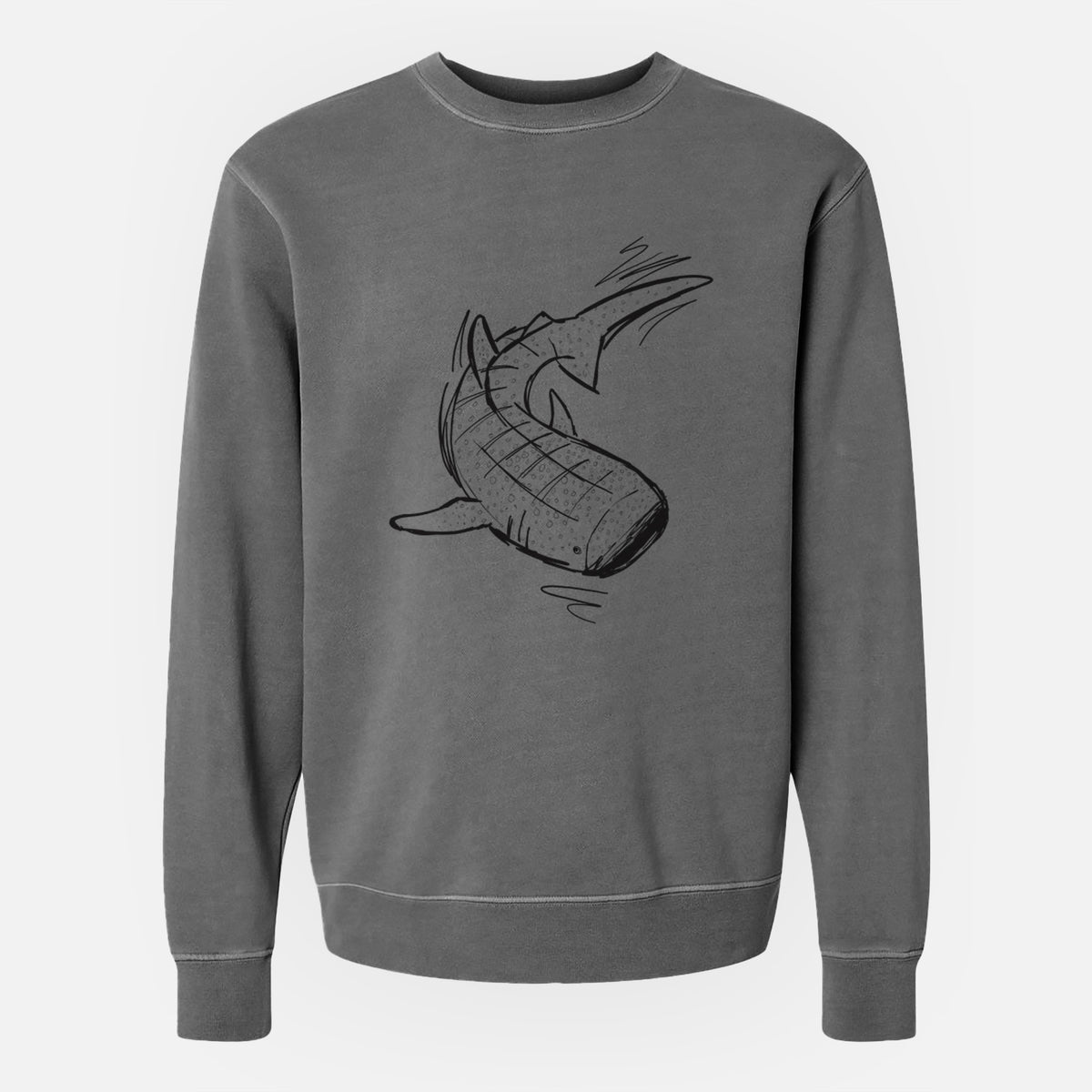 Faded black pigment dyed crewneck sweatshirt laid flat, printed with a black ink illustration of a spotted whale shark swimming.