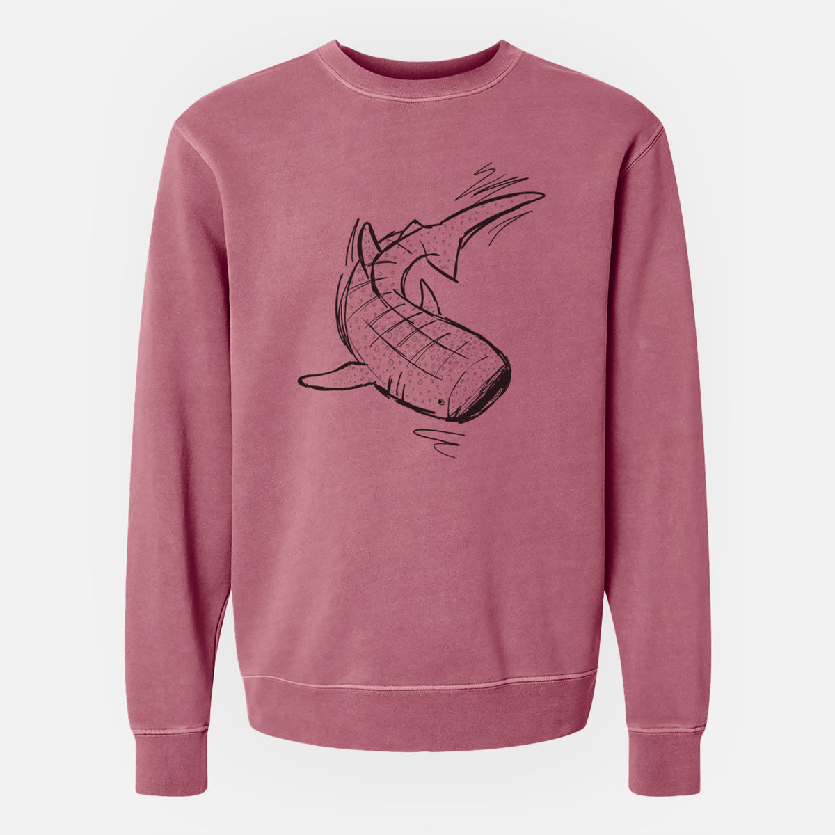 Maroon pigment dyed crewneck sweatshirt laid flat, printed with a black ink illustration of a spotted whale shark swimming.