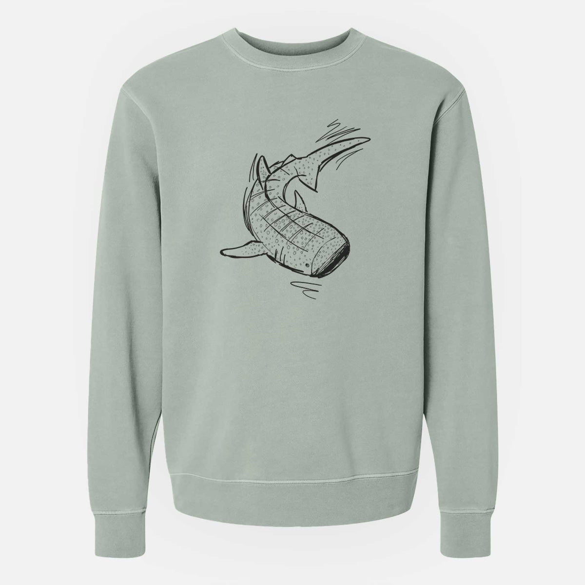 Sage green pigment dyed crewneck sweatshirt laid flat, printed with a black ink illustration of a spotted whale shark swimming.