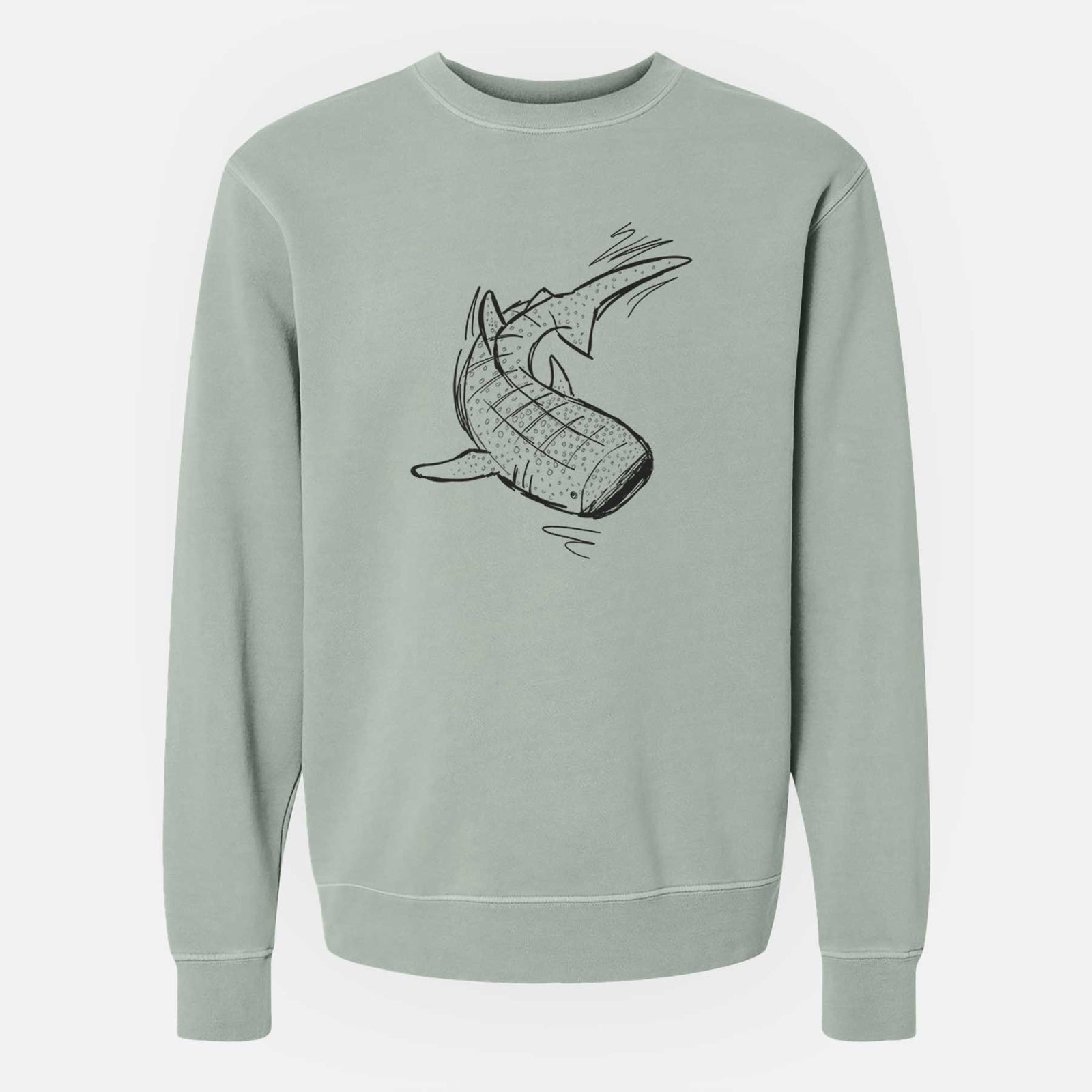 Sage green pigment dyed crewneck sweatshirt laid flat, printed with a black ink illustration of a spotted whale shark swimming.