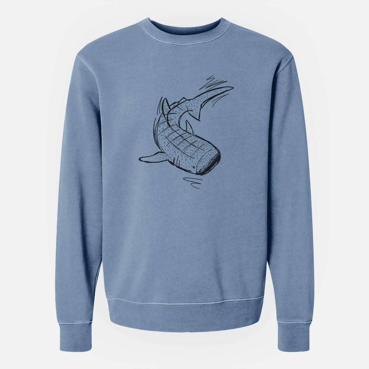 Slate blue pigment dyed crewneck sweatshirt laid flat, printed with a black ink illustration of a spotted whale shark swimming.