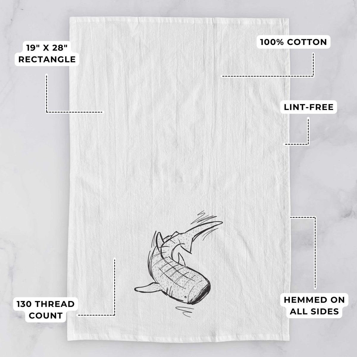White tea towel printed with a black ink illustration of a spotted whale shark swimming, with feature labels: 19 by 28 inch rectangle, 100% cotton, lint-free, 130 thread count, hemmed on all sides.