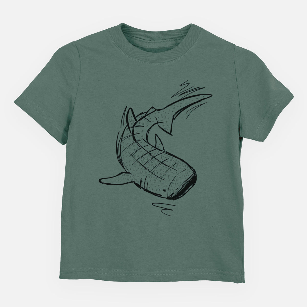 Basil green toddler t-shirt laid flat, printed with a black ink illustration of a spotted whale shark swimming.