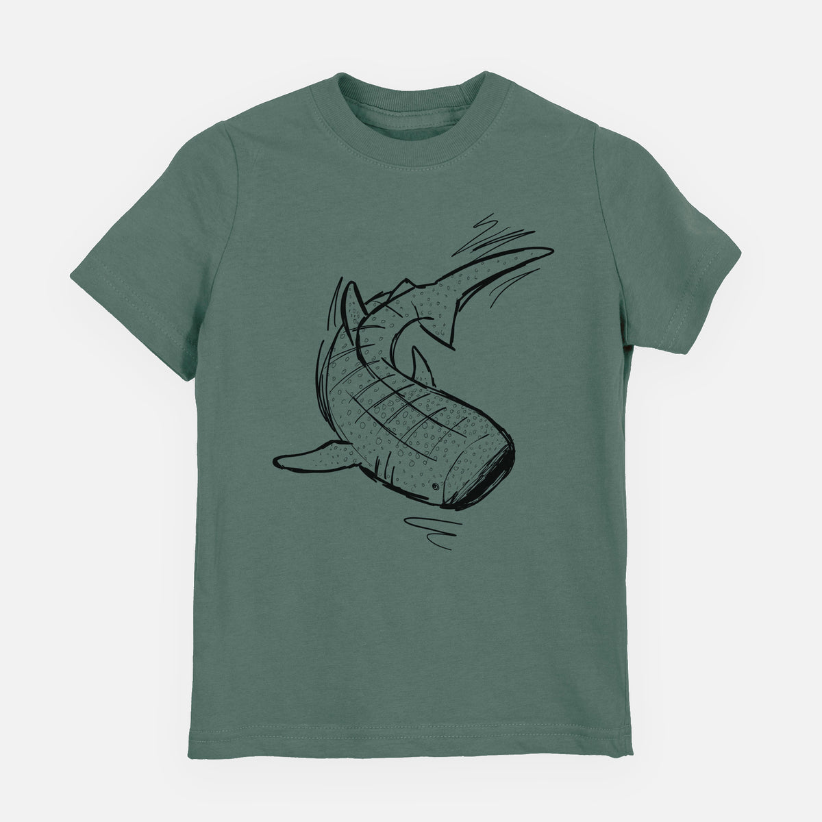Basil green youth t-shirt laid flat, printed with a black ink illustration of a spotted whale shark swimming.