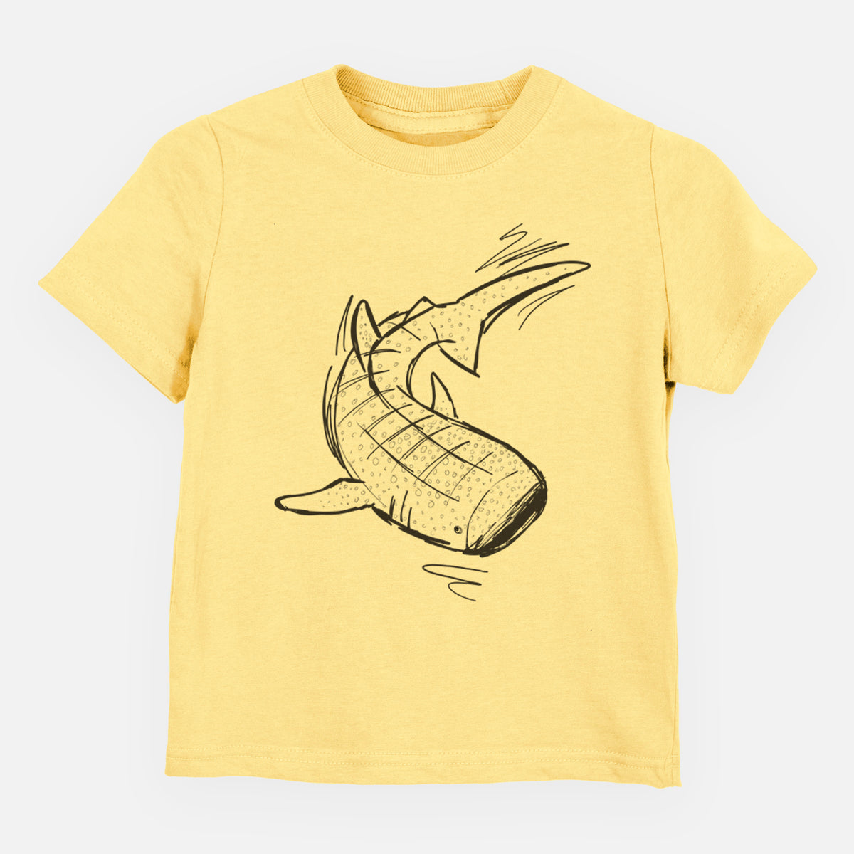Butter yellow toddler t-shirt laid flat, printed with a black ink illustration of a spotted whale shark swimming.