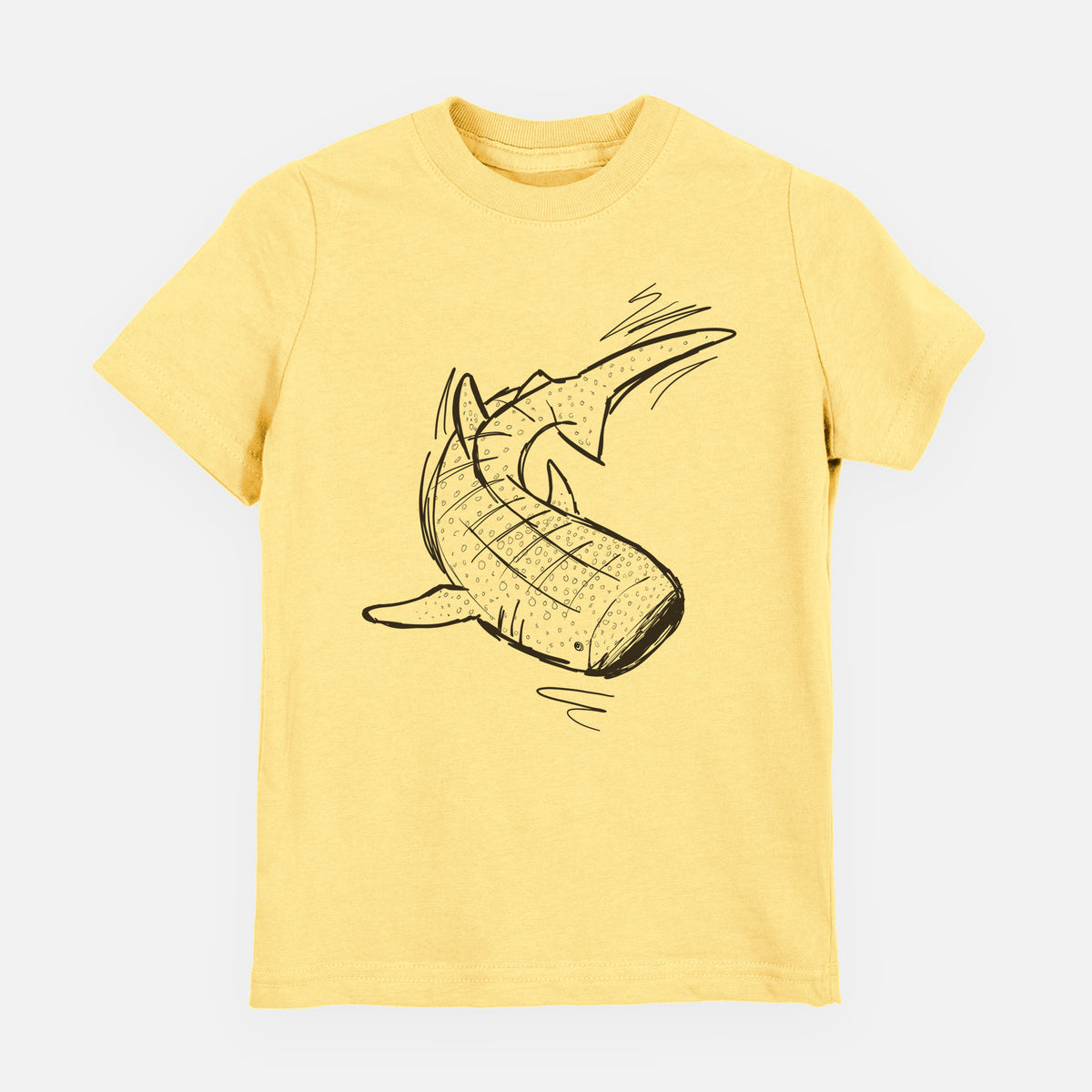 Butter yellow youth t-shirt laid flat, printed with a black ink illustration of a spotted whale shark swimming.
