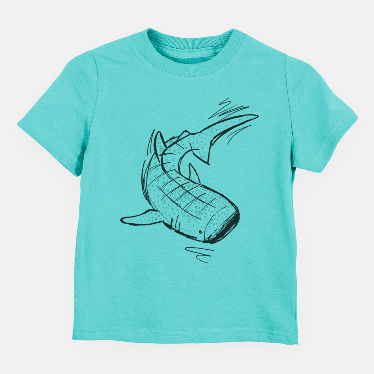 Caribbean blue toddler t-shirt laid flat, printed with a black ink illustration of a spotted whale shark swimming.