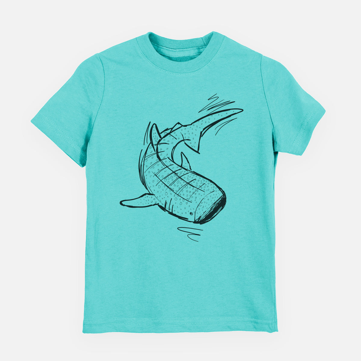 Caribbean blue youth t-shirt laid flat, printed with a black ink illustration of a spotted whale shark swimming.
