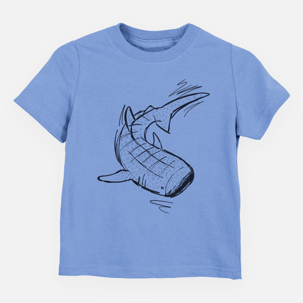 Carolina blue toddler t-shirt laid flat, printed with a black ink illustration of a spotted whale shark swimming.