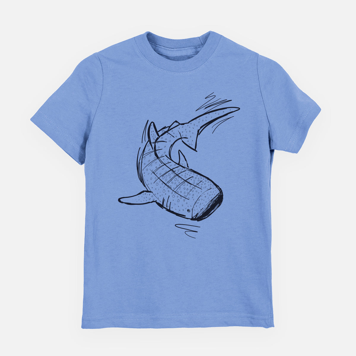 Carolina blue youth t-shirt laid flat, printed with a black ink illustration of a spotted whale shark swimming.