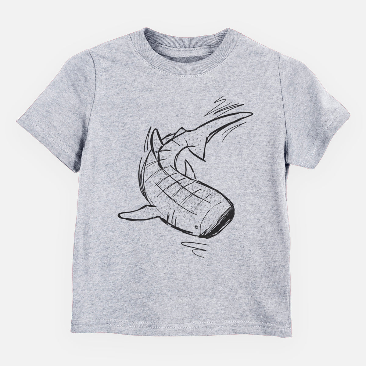 Heather grey toddler t-shirt laid flat, printed with a black ink illustration of a spotted whale shark swimming.