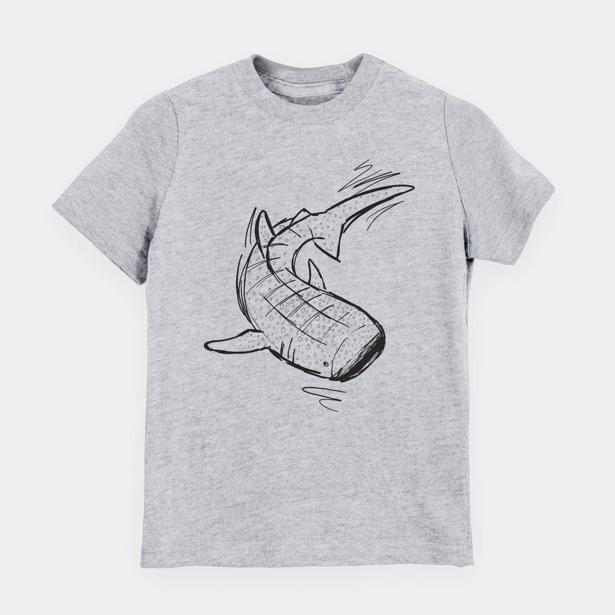 Heather grey youth t-shirt laid flat, printed with a black ink illustration of a spotted whale shark swimming.