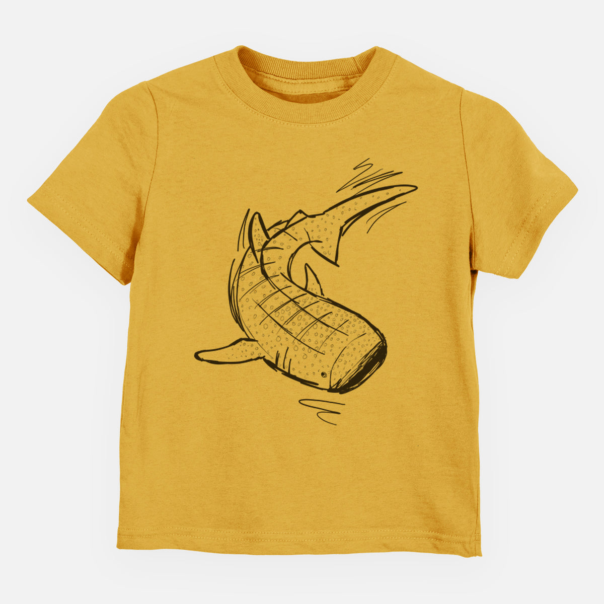 Honeycomb yellow toddler t-shirt laid flat, printed with a black ink illustration of a spotted whale shark swimming.