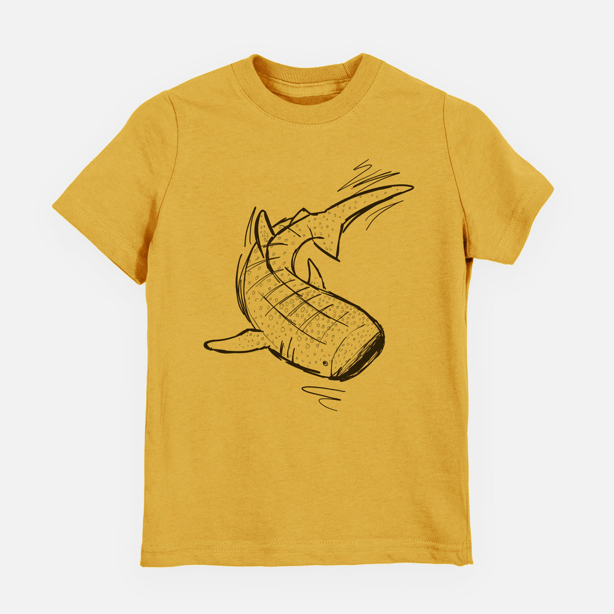 Honeycomb yellow youth t-shirt laid flat, printed with a black ink illustration of a spotted whale shark swimming.