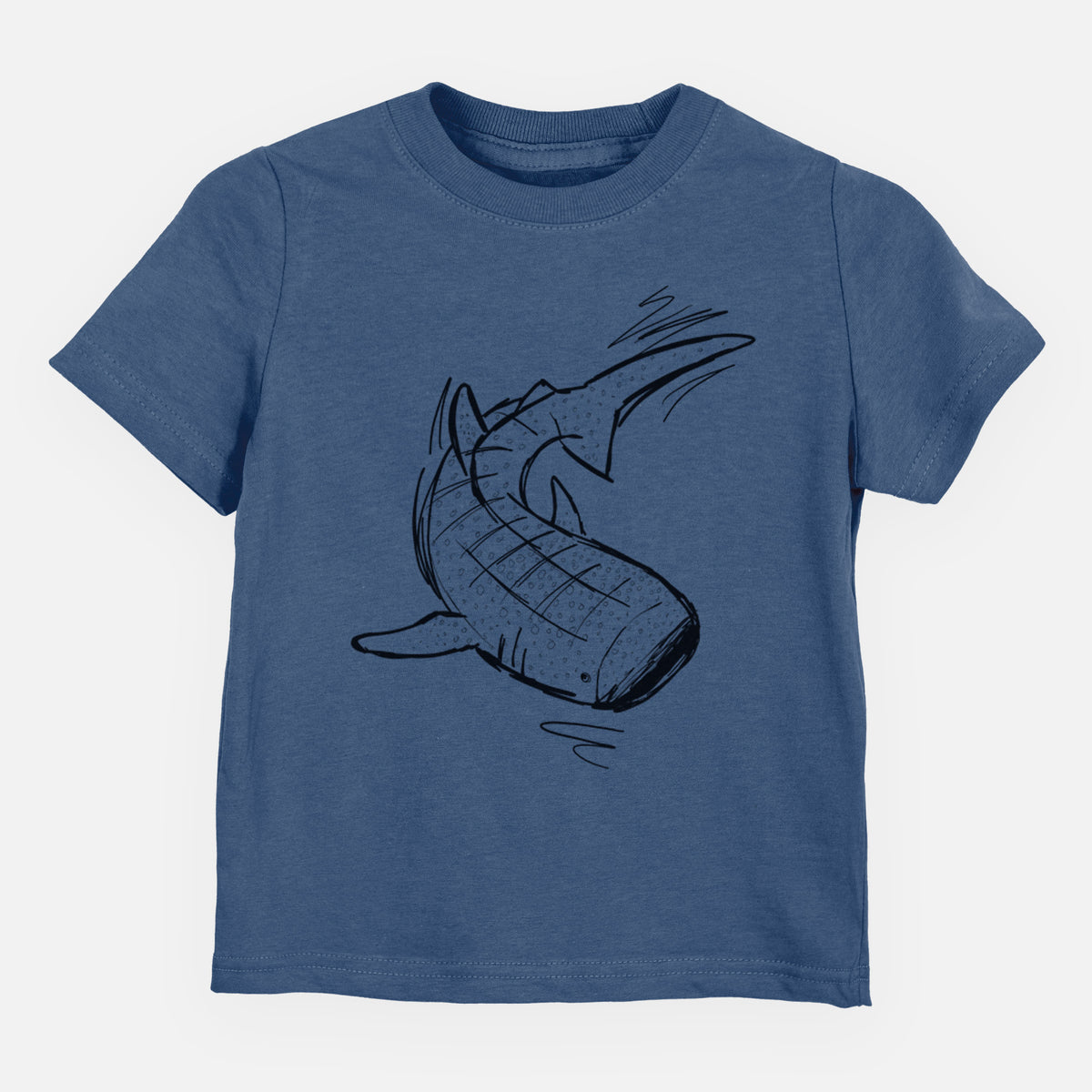 Indigo blue toddler t-shirt laid flat, printed with a black ink illustration of a spotted whale shark swimming.