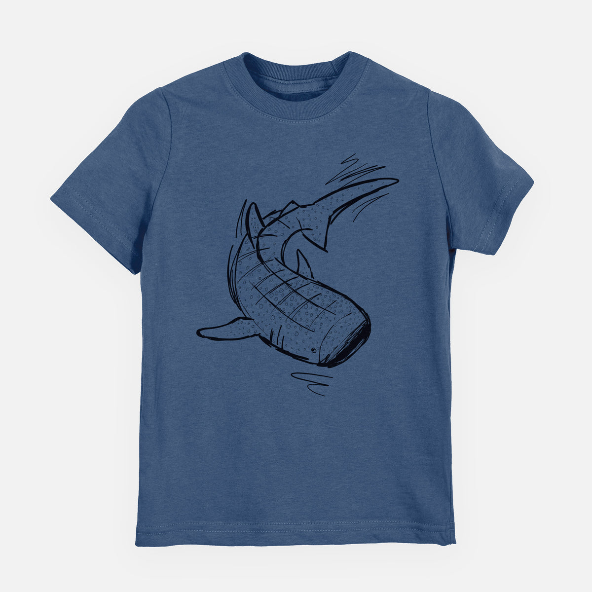 Indigo blue youth t-shirt laid flat, printed with a black ink illustration of a spotted whale shark swimming.