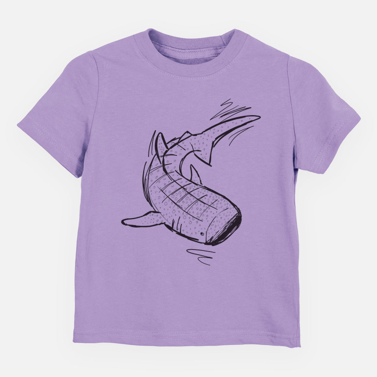 Lavender toddler t-shirt laid flat, printed with a black ink illustration of a spotted whale shark swimming.