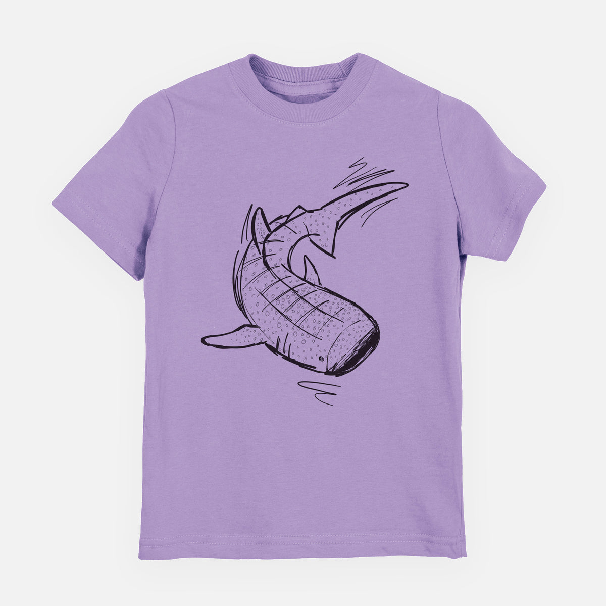 Lavender youth t-shirt laid flat, printed with a black ink illustration of a spotted whale shark swimming.