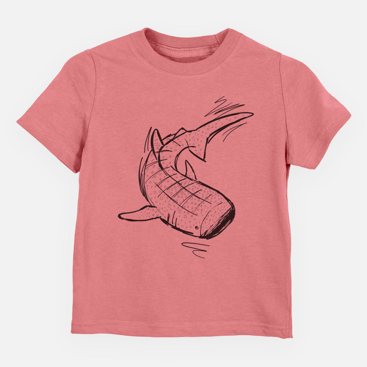 Mauve pink toddler t-shirt laid flat, printed with a black ink illustration of a spotted whale shark swimming.