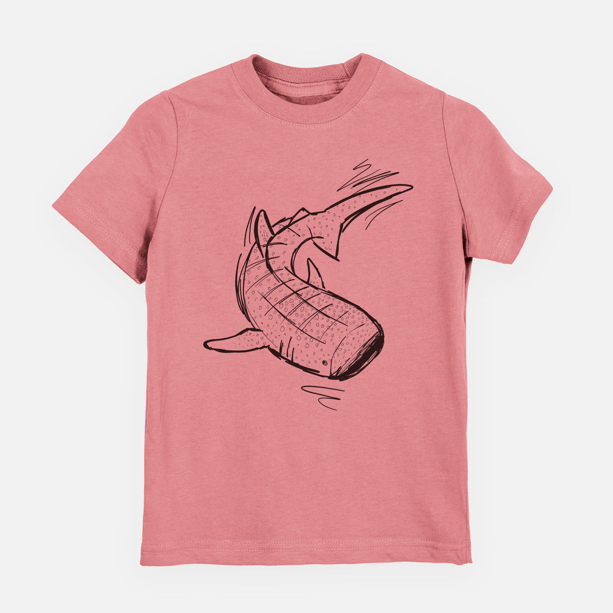 Mauve pink youth t-shirt laid flat, printed with a black ink illustration of a spotted whale shark swimming.