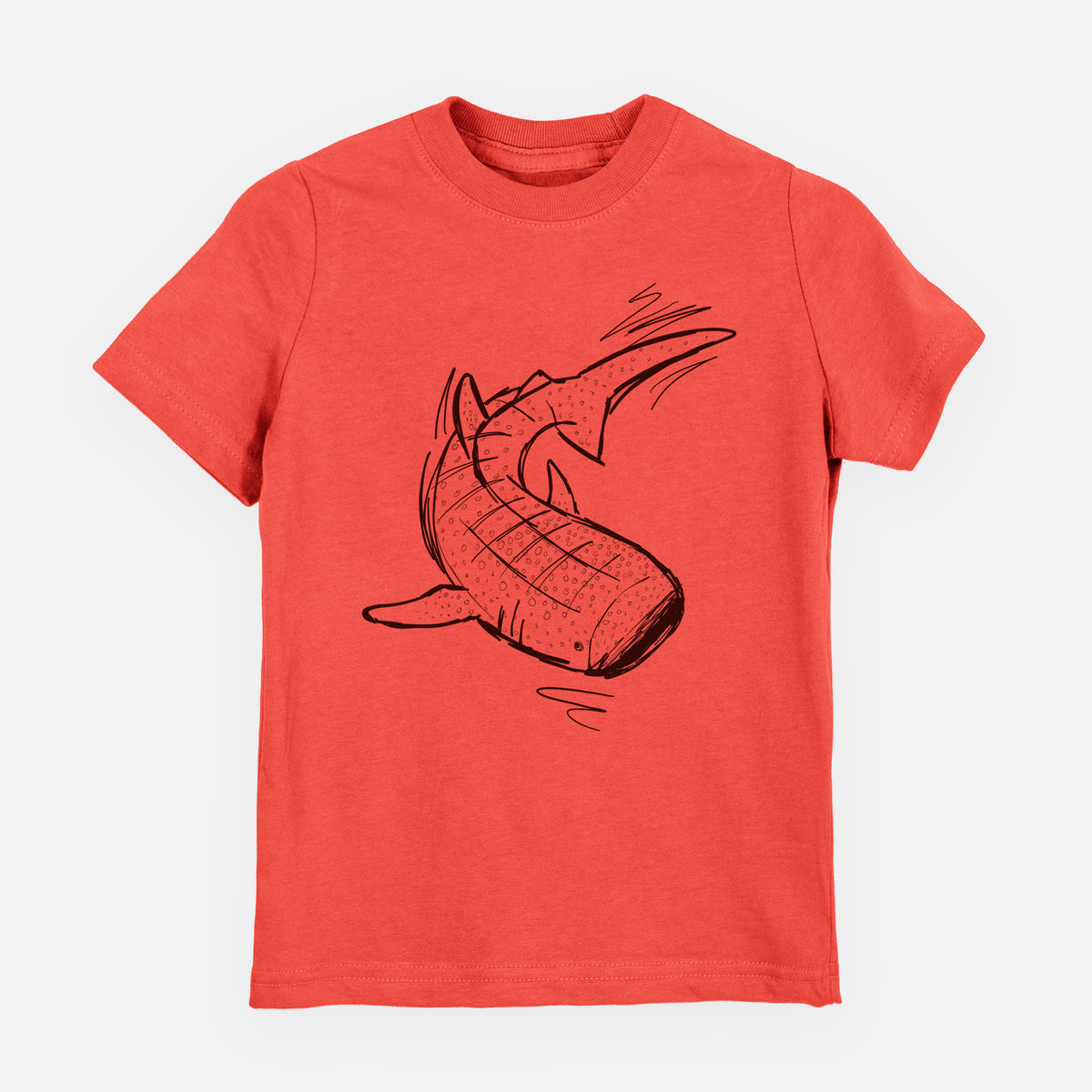 Passionfruit pink youth t-shirt laid flat, printed with a black ink illustration of a spotted whale shark swimming.