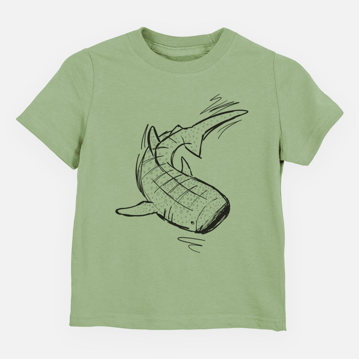 Sage green toddler t-shirt laid flat, printed with a black ink illustration of a spotted whale shark swimming.