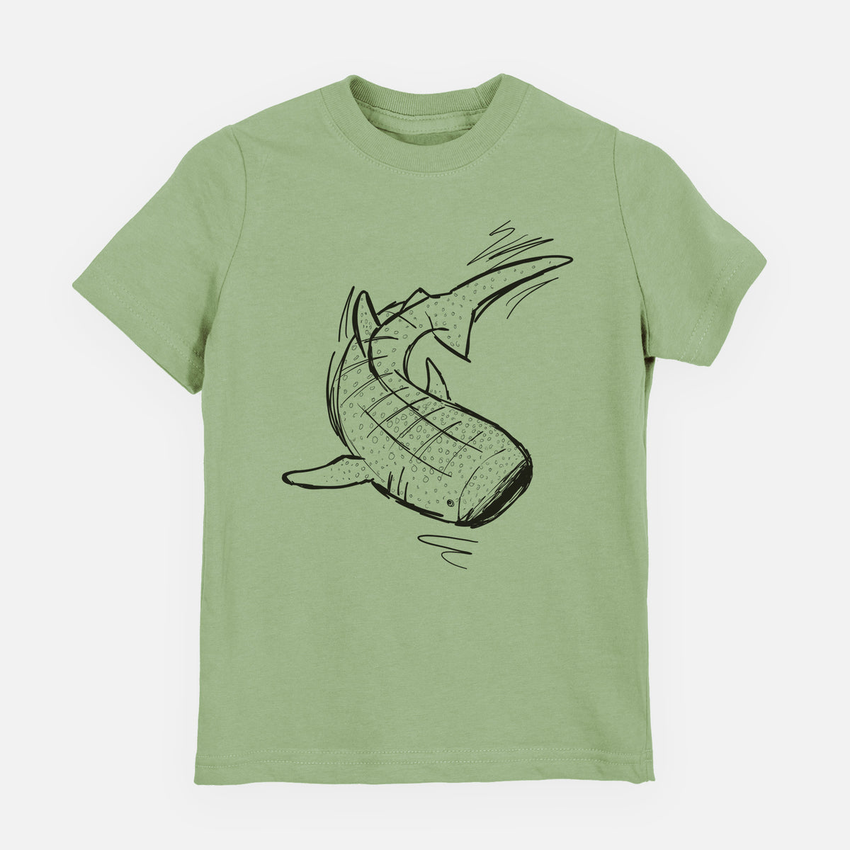 Sage green youth t-shirt laid flat, printed with a black ink illustration of a spotted whale shark swimming.