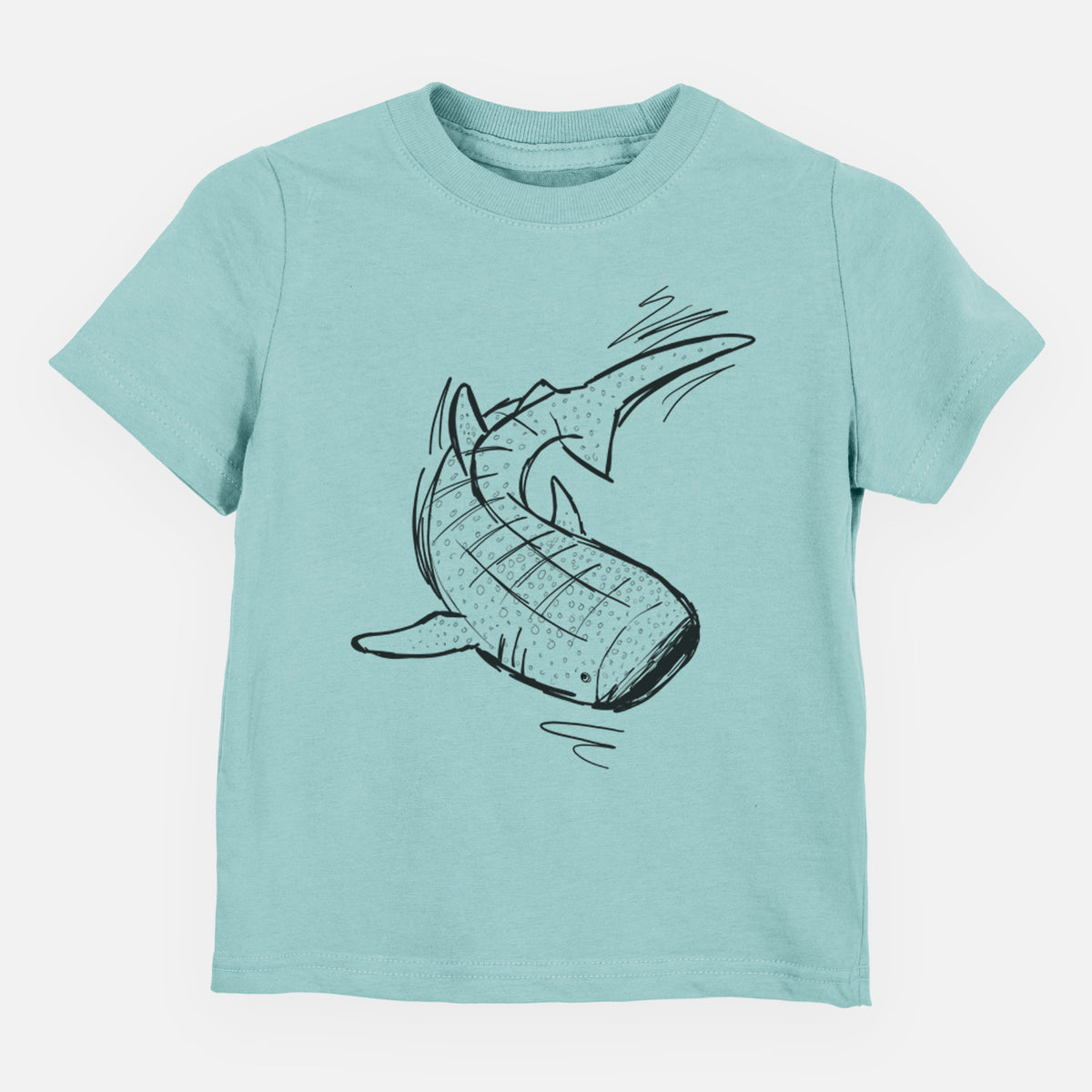 Saltwater toddler t-shirt laid flat, printed with a black ink illustration of a spotted whale shark swimming.