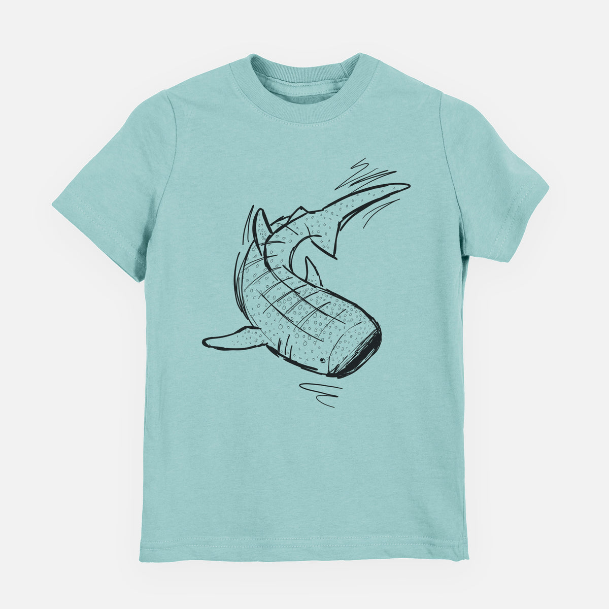 Saltwater youth t-shirt laid flat, printed with a black ink illustration of a spotted whale shark swimming.