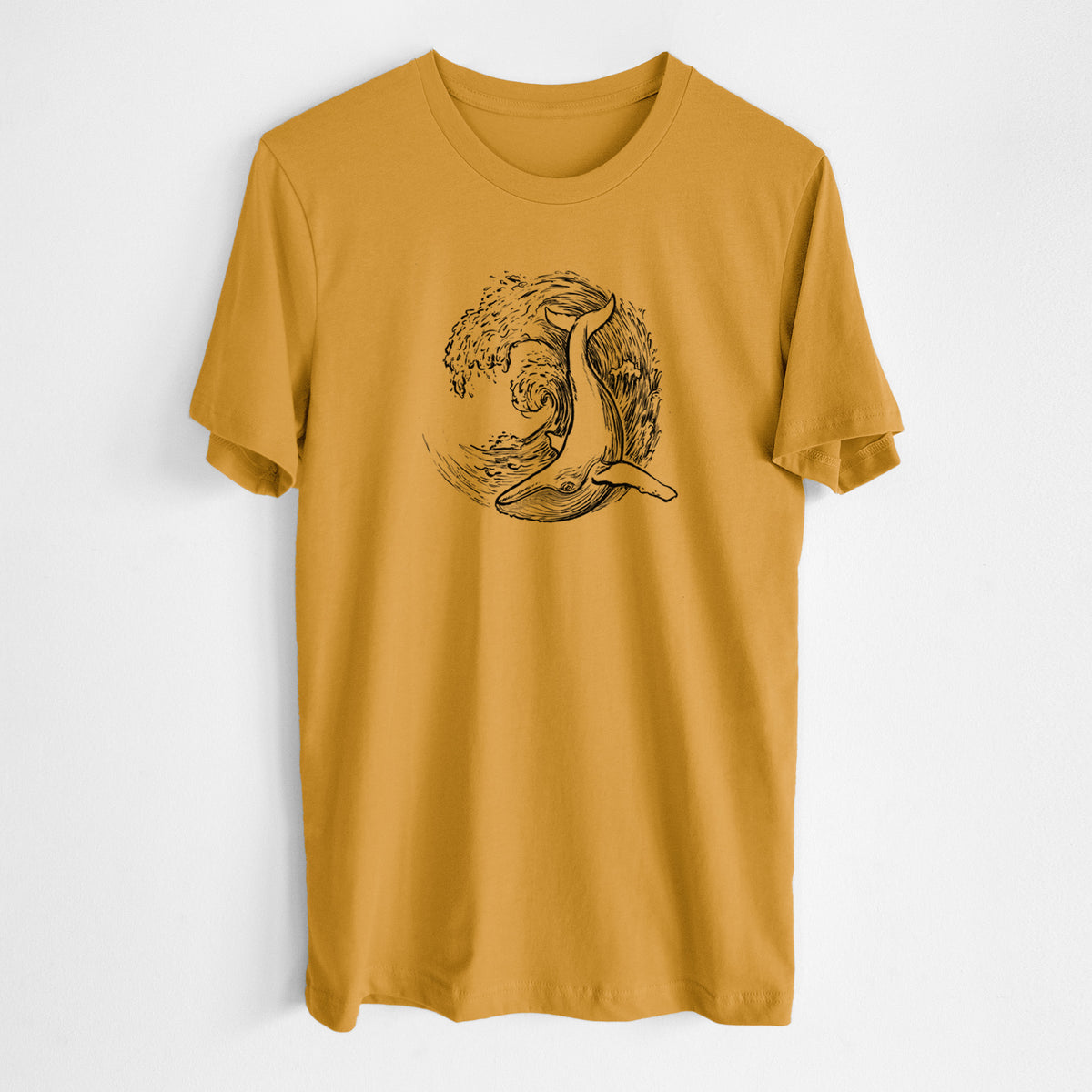 Honeycomb yellow lightweight cotton t-shirt laid flat, printed with a black ink illustration of a humpback whale swimming inside a curling ocean wave.