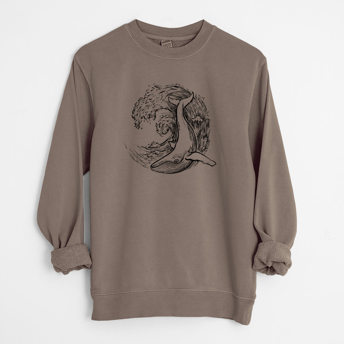 Whale Wave - Unisex Pigment Dyed Crew Sweatshirt in Espresso Brown Color
