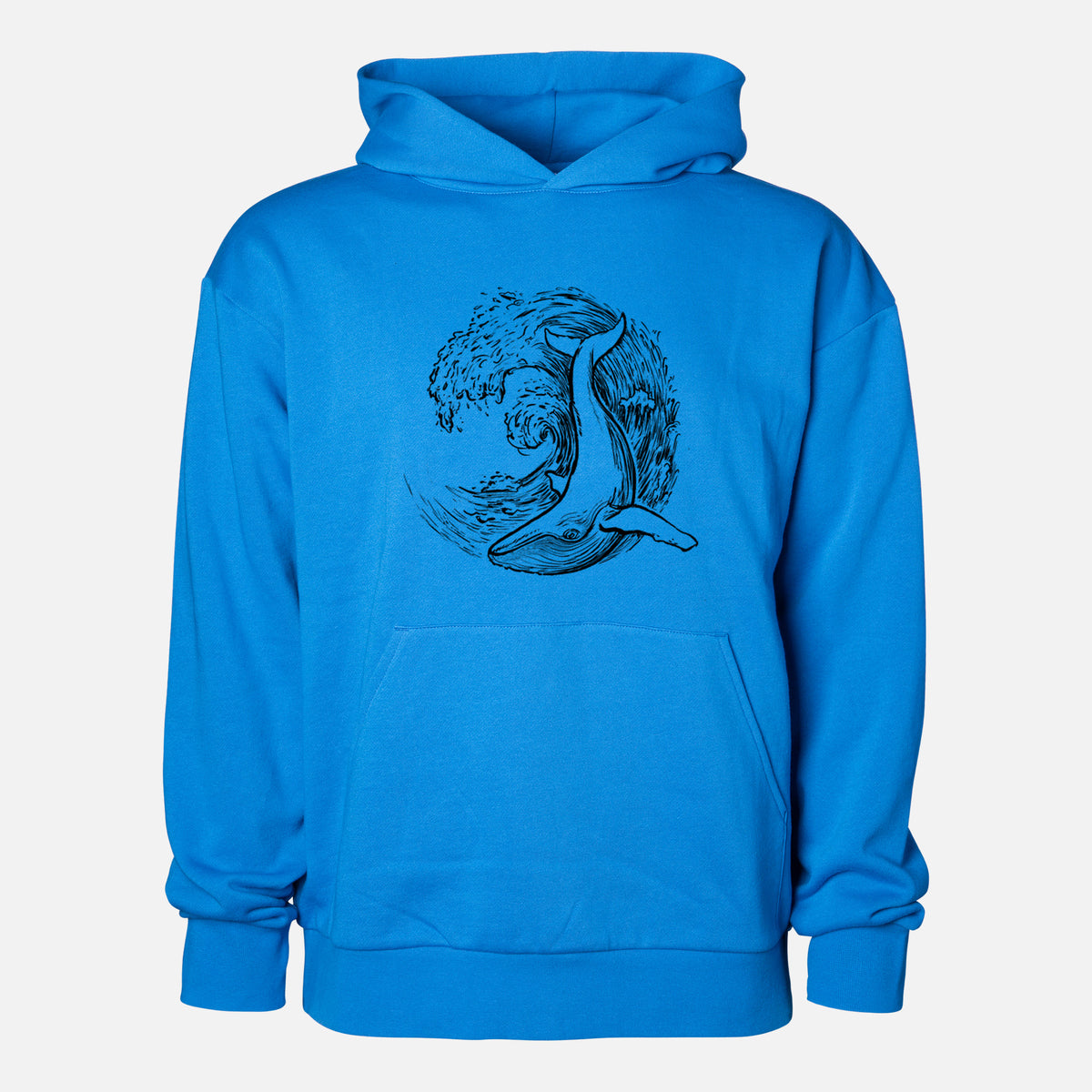 Whale Wave - Statement Midweight Hoodie in Azure Blue, shown from the front with the design printed on the chest above a front kangaroo pocket.